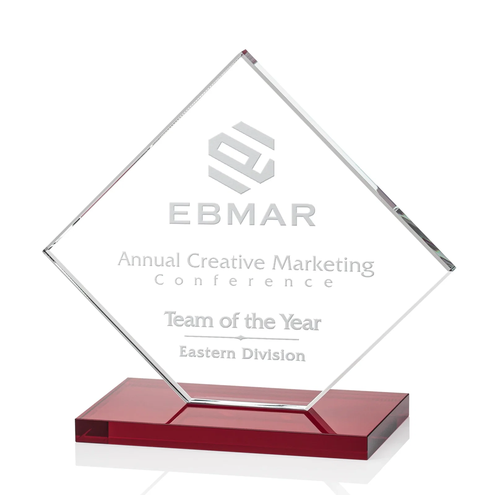 Branded Starfire Crystal Diamond Award on an Ivory Flat-Edge Base for dealer and partner awards