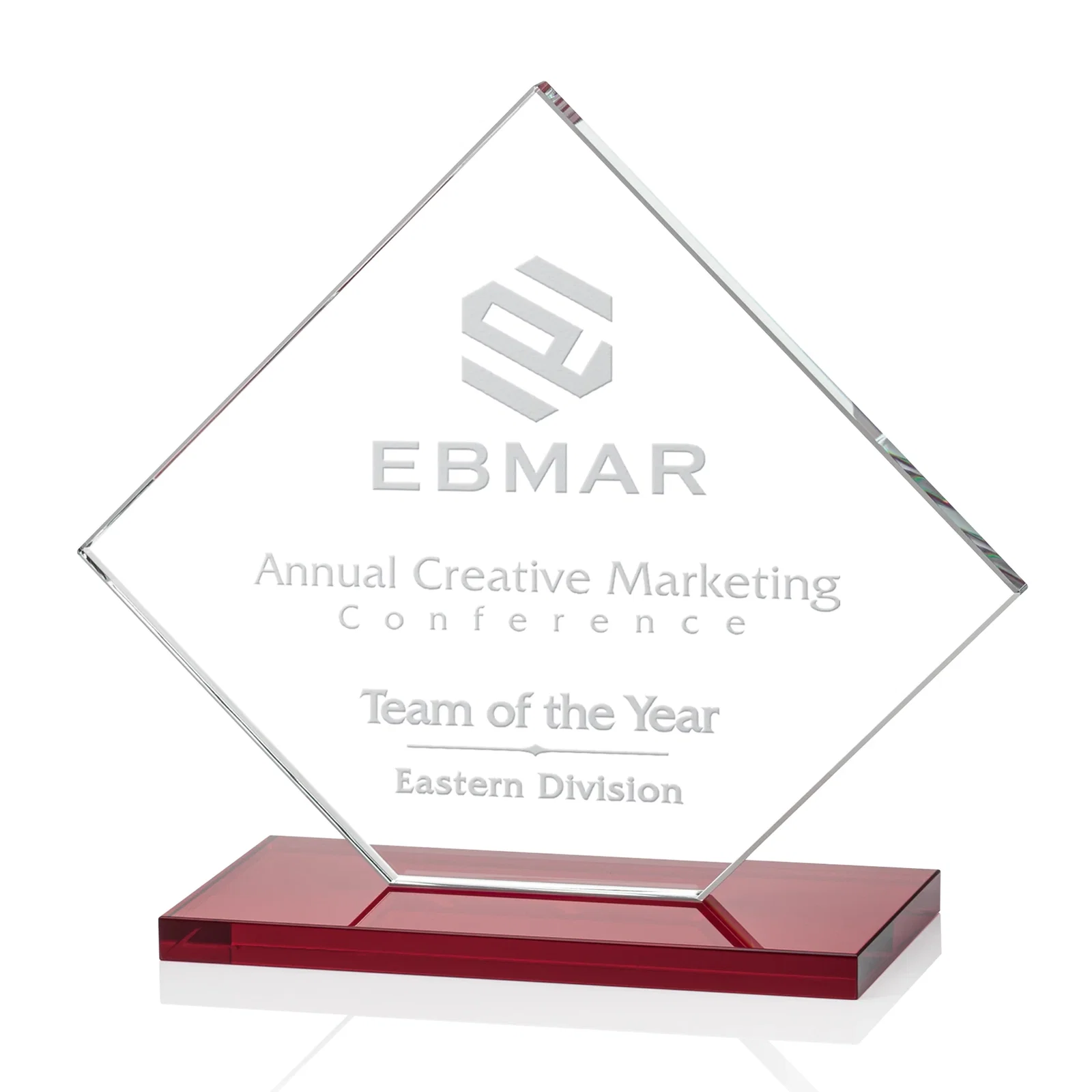 Branded Starfire Crystal Diamond Award on an Ivory Flat-Edge Base for company anniversary events