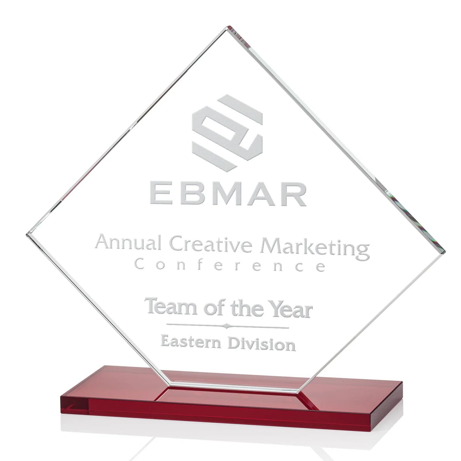 Custom printed Starfire Crystal Diamond Award on an Ivory Flat-Edge Base for employee recognition