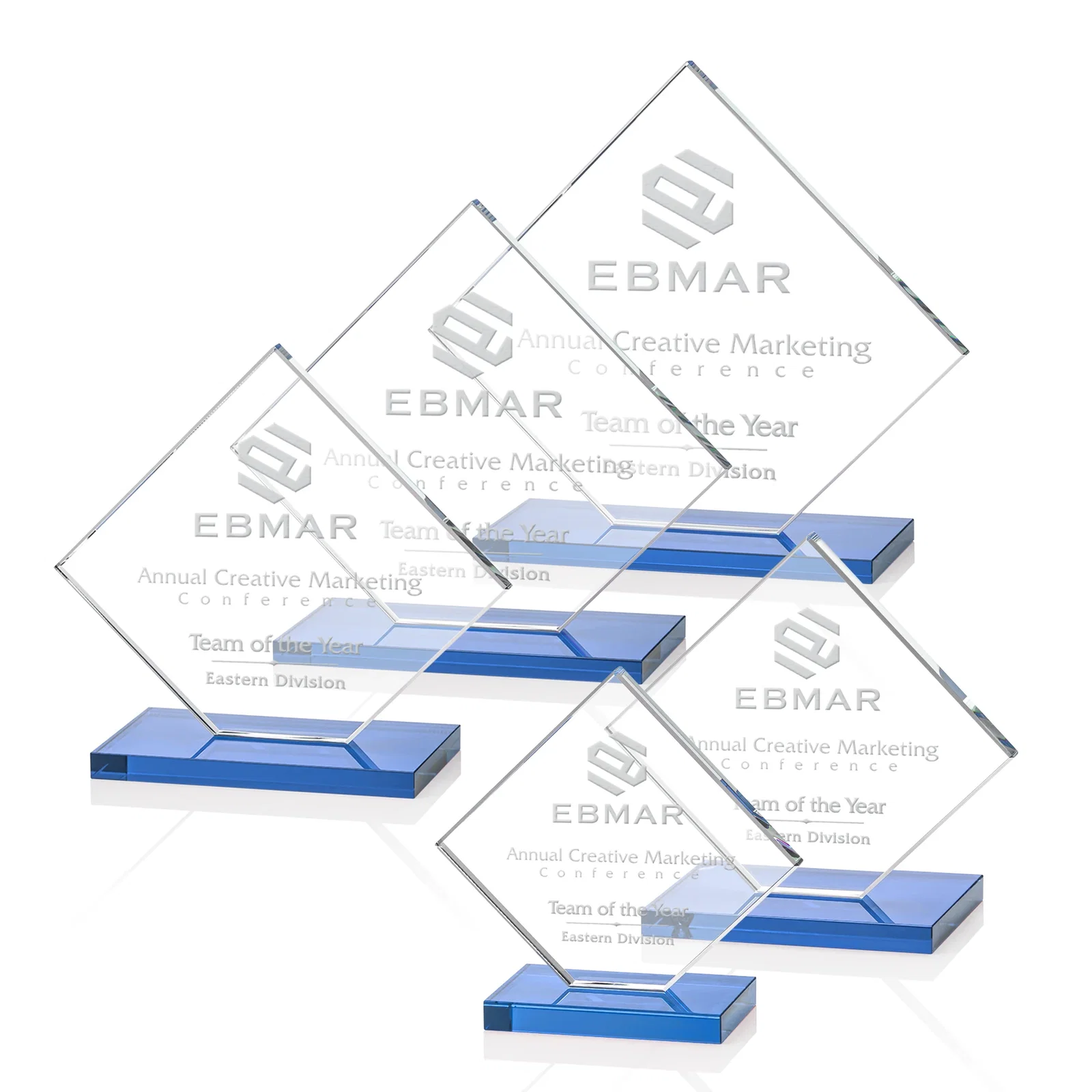 Custom printed Starfire Crystal Diamond Award on an Ivory Flat-Edge Base for corporate award ceremonies
