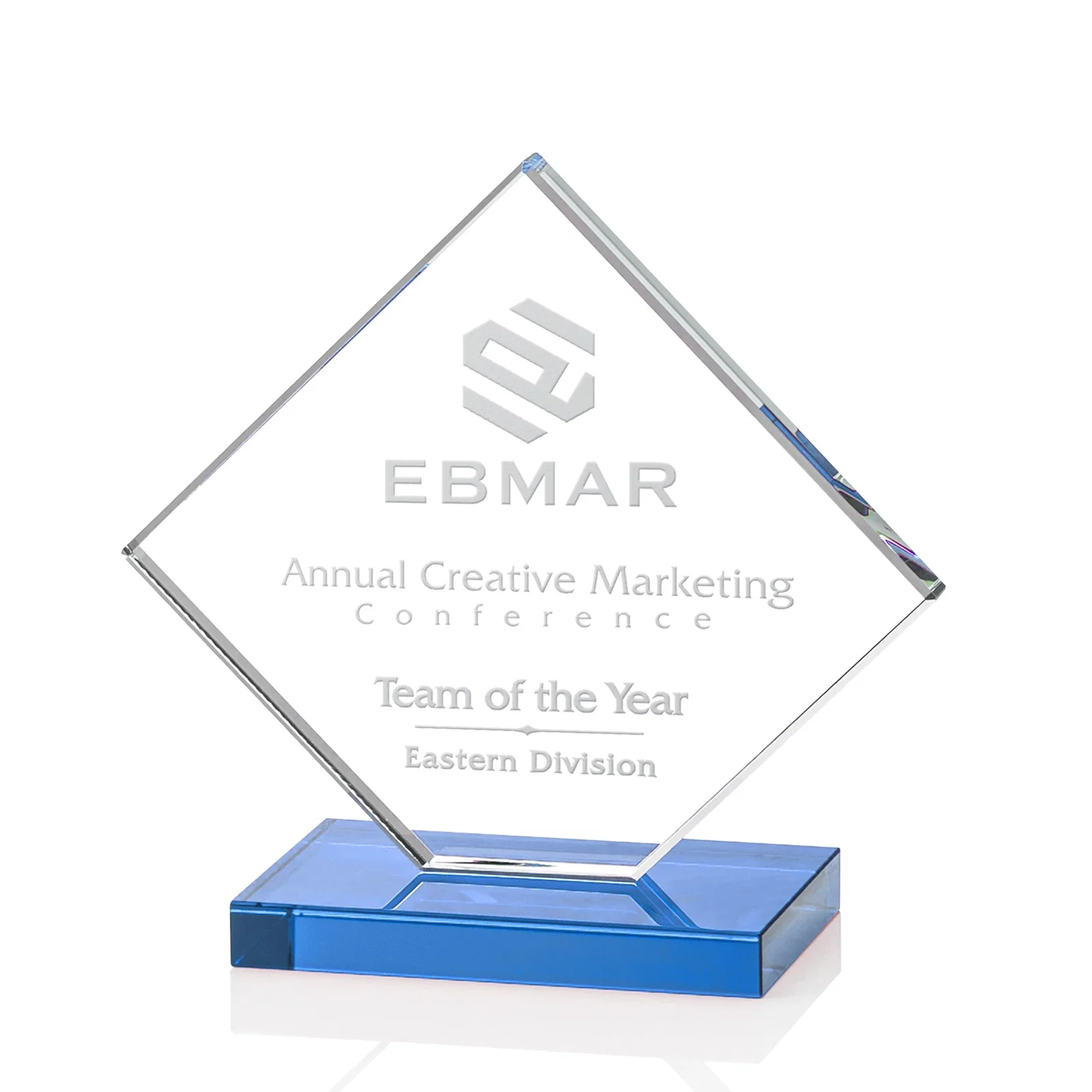 Custom printed Starfire Crystal Diamond Award on an Ivory Flat-Edge Base for service anniversary gifts