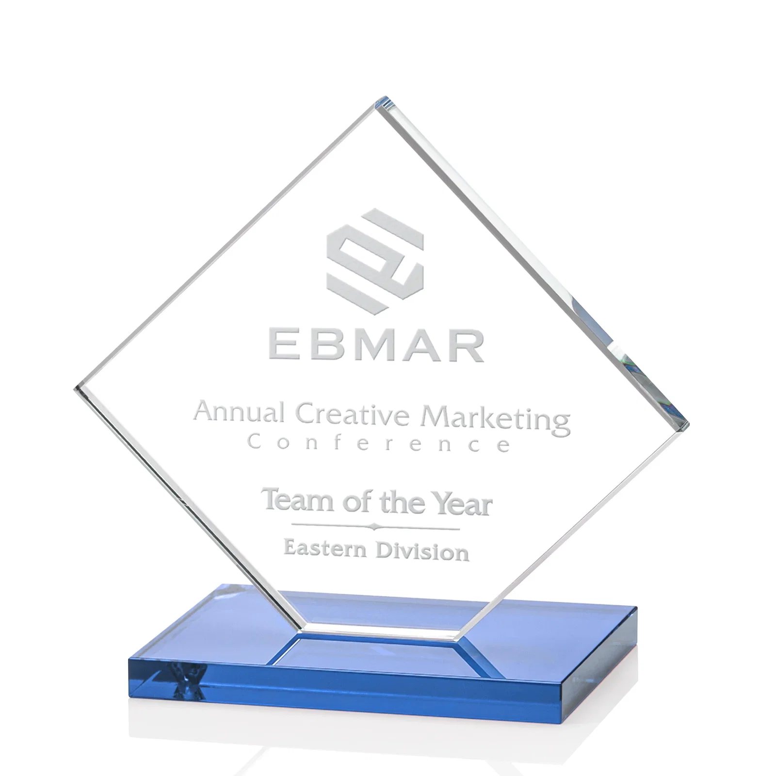 Custom printed Starfire Crystal Diamond Award on an Ivory Flat-Edge Base for sales achievement awards