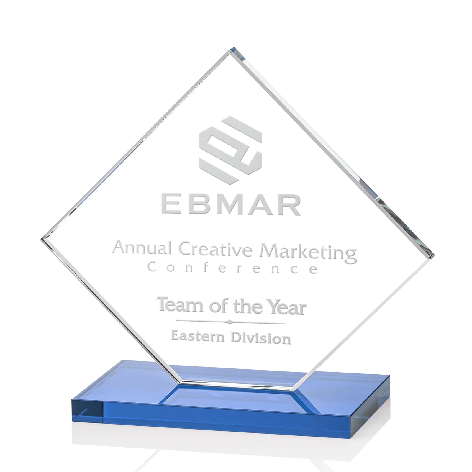 Custom printed Starfire Crystal Diamond Award on an Ivory Flat-Edge Base for retirement presentations