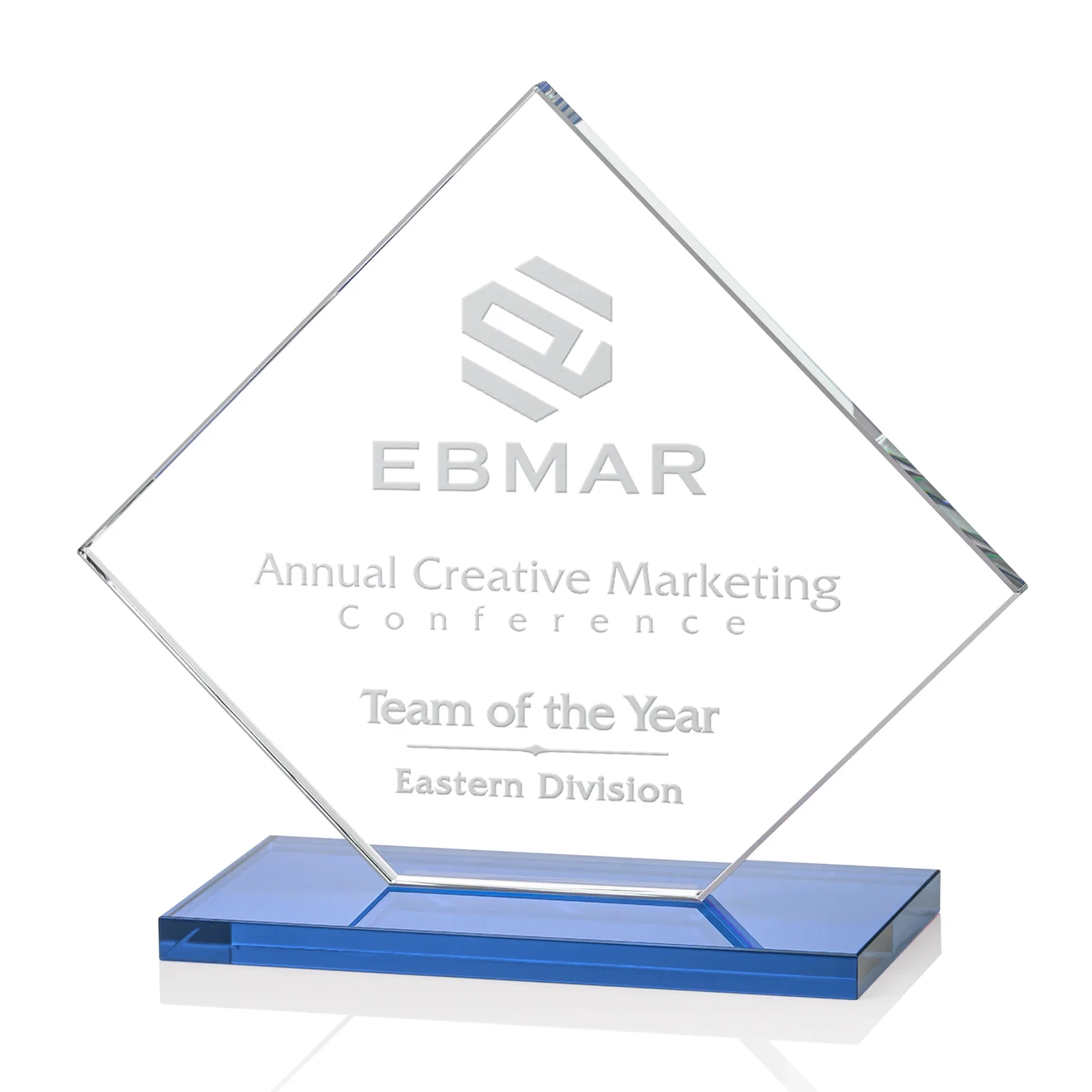Custom printed Starfire Crystal Diamond Award on an Ivory Flat-Edge Base for team milestone celebrations