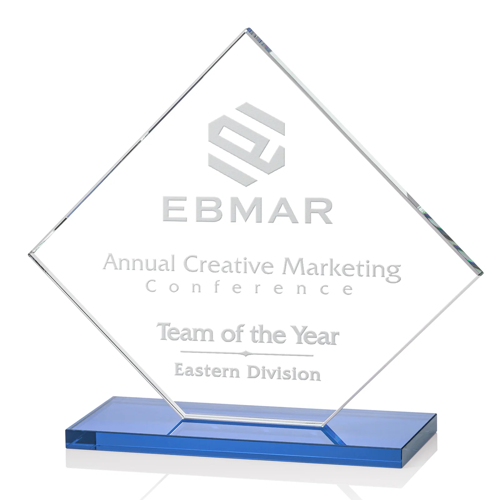 Custom printed Starfire Crystal Diamond Award on an Ivory Flat-Edge Base for donor appreciation
