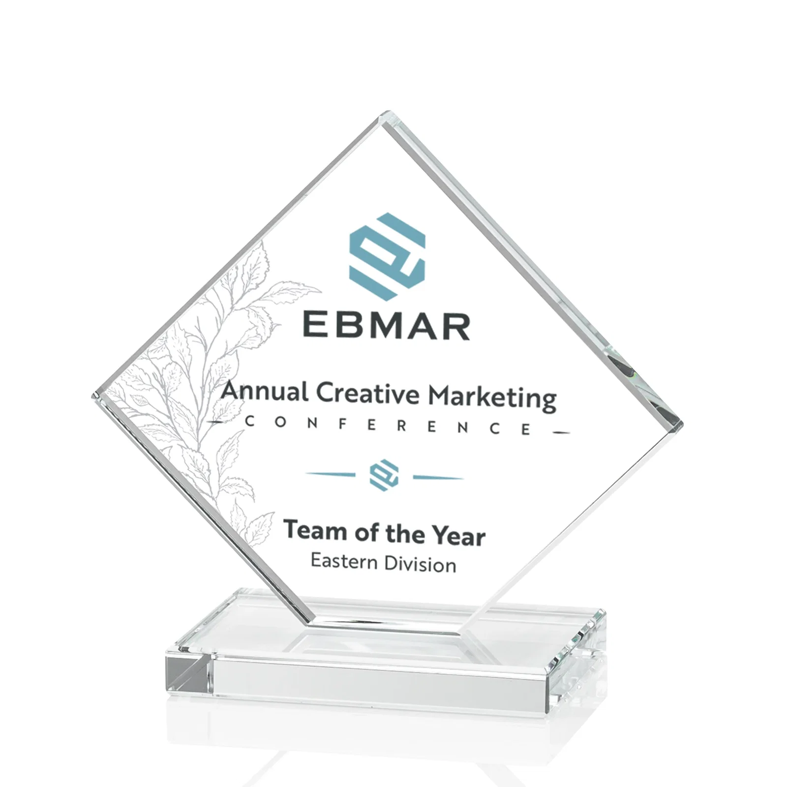 Custom printed Starfire Crystal Diamond Award on an Ivory Flat-Edge Base for safety achievement programs