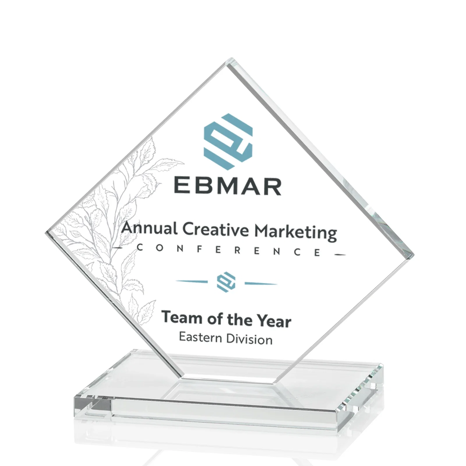 Custom printed Starfire Crystal Diamond Award on an Ivory Flat-Edge Base for volunteer appreciation