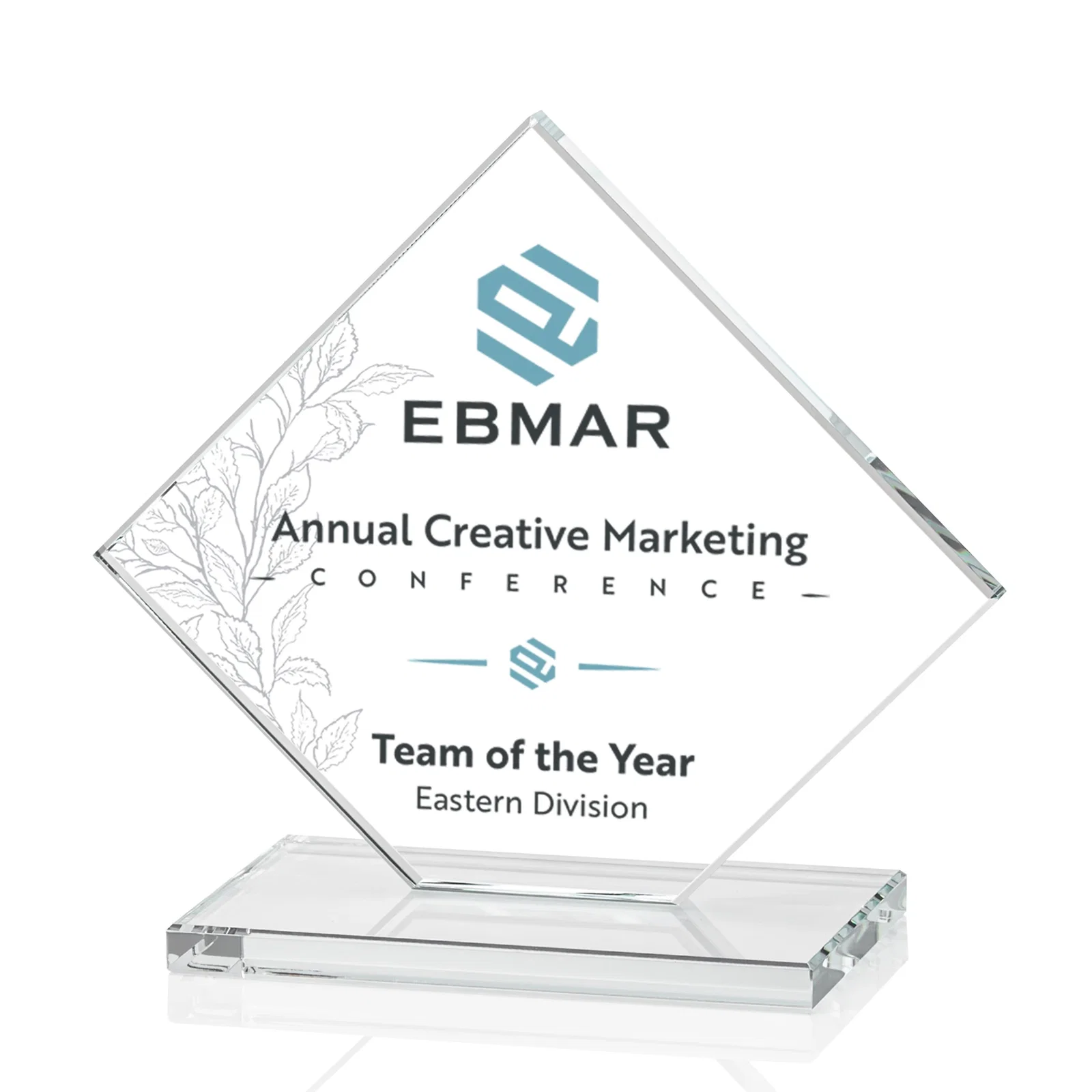 Custom printed Starfire Crystal Diamond Award on an Ivory Flat-Edge Base for dealer and partner awards