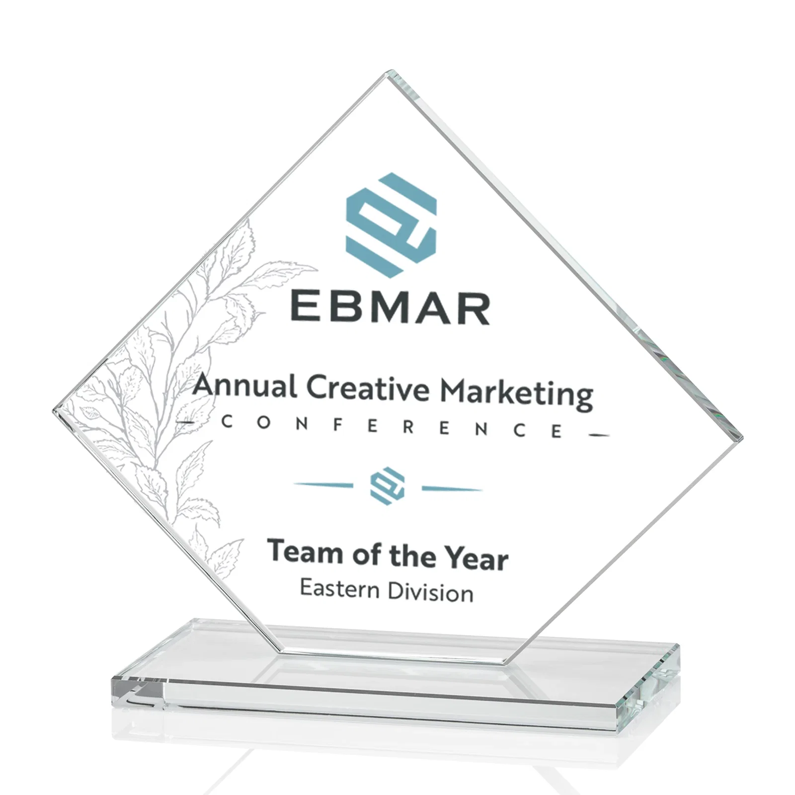 Custom printed Starfire Crystal Diamond Award on an Ivory Flat-Edge Base for company anniversary events