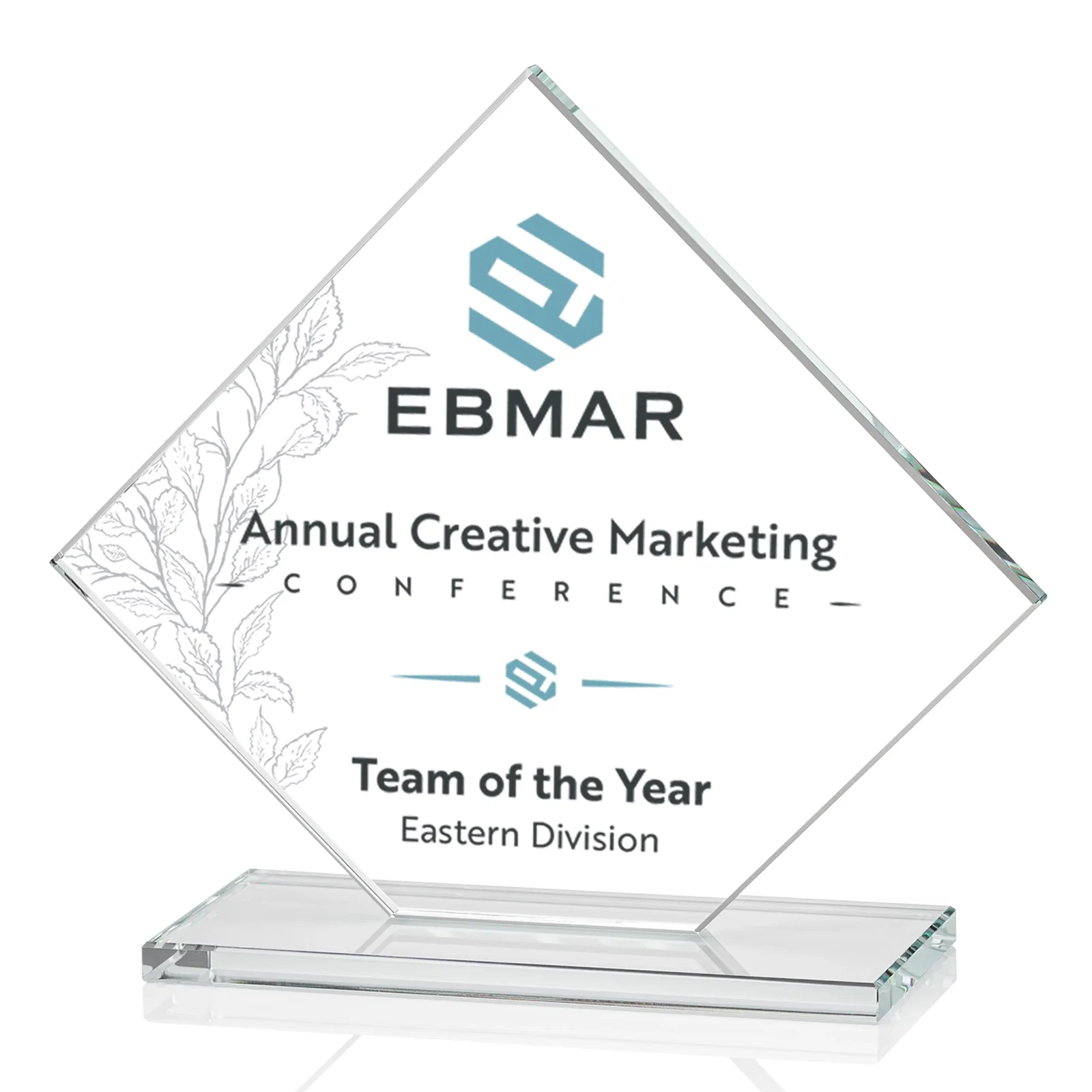 Customized Starfire Crystal Diamond Award on an Ivory Flat-Edge Base for employee recognition
