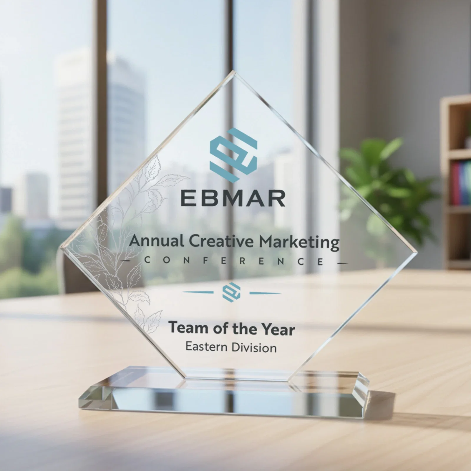Customized Starfire Crystal Diamond Award on an Ivory Flat-Edge Base for corporate award ceremonies