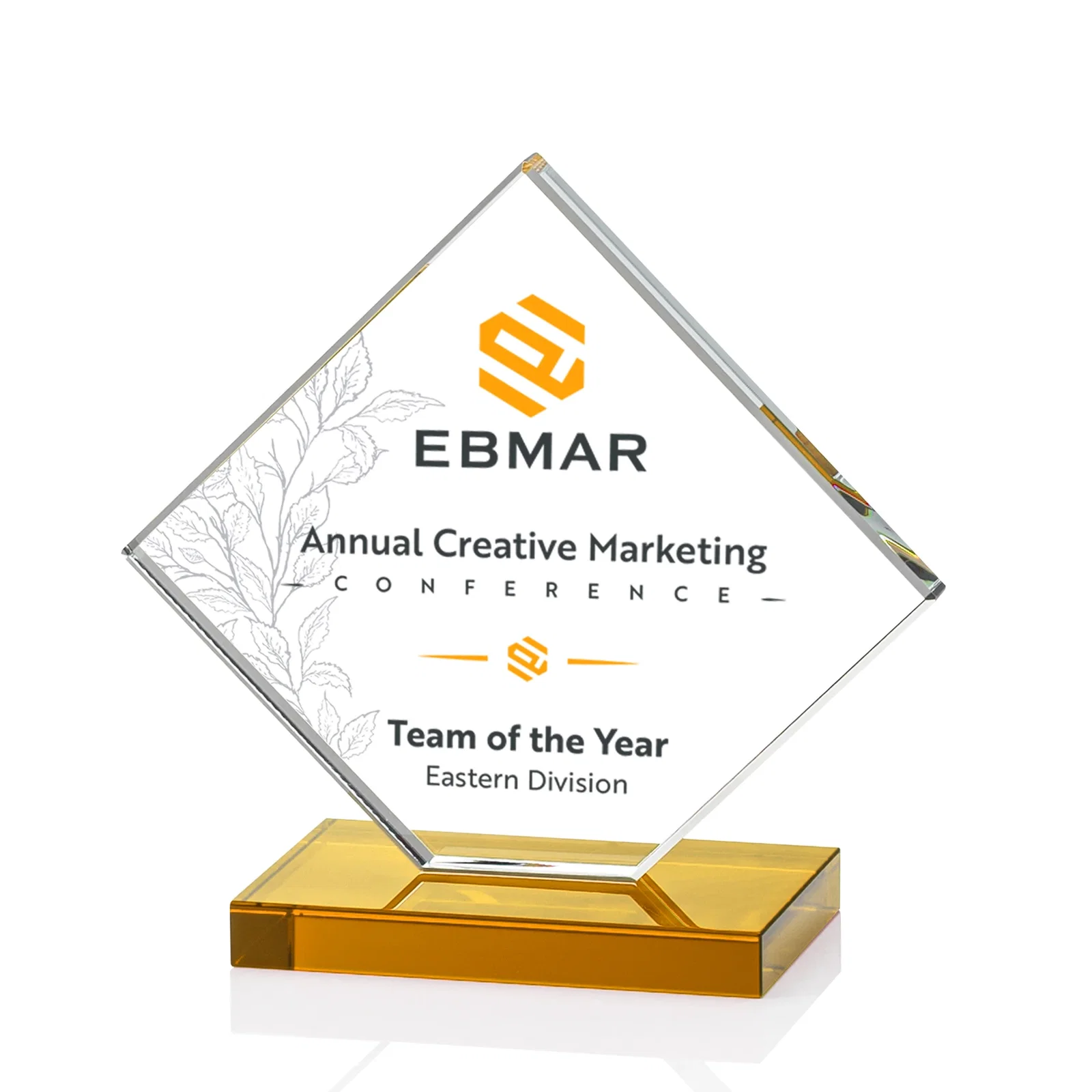 Customized Starfire Crystal Diamond Award on an Ivory Flat-Edge Base for sales achievement awards
