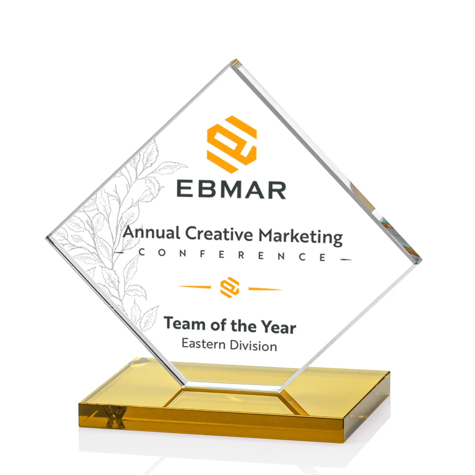 Customized Starfire Crystal Diamond Award on an Ivory Flat-Edge Base for retirement presentations