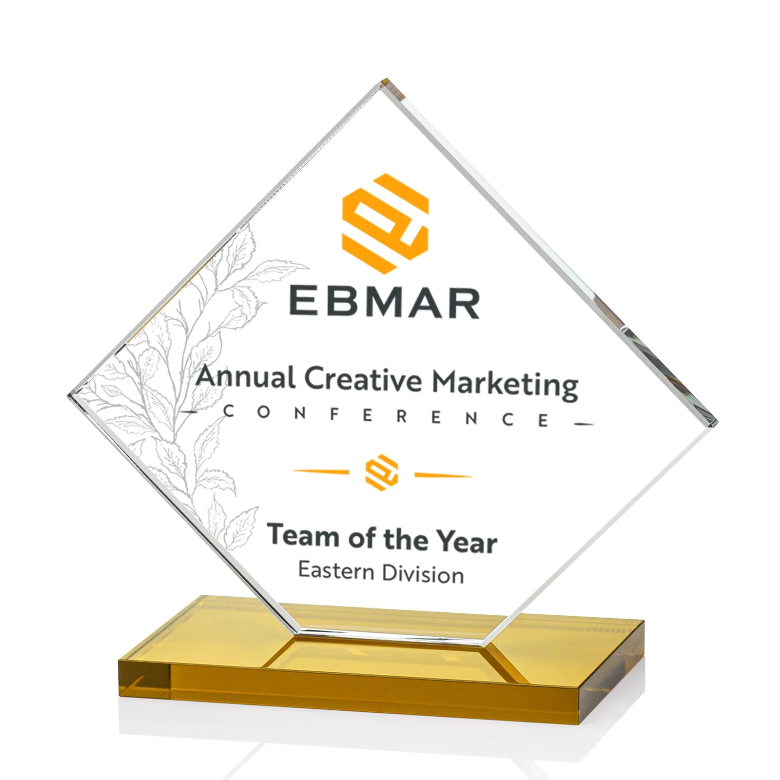 Customized Starfire Crystal Diamond Award on an Ivory Flat-Edge Base for team milestone celebrations