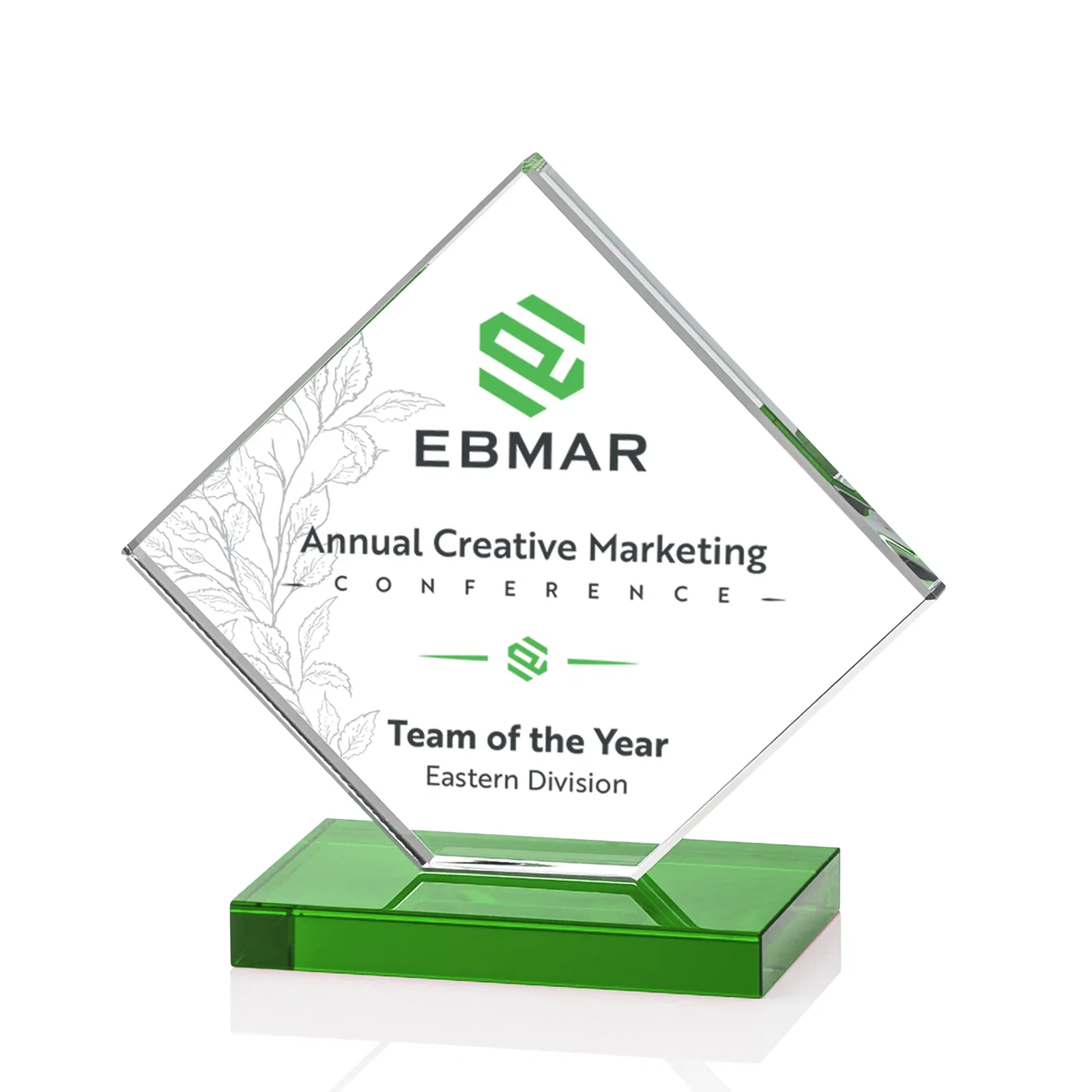 Customized Starfire Crystal Diamond Award on an Ivory Flat-Edge Base for volunteer appreciation