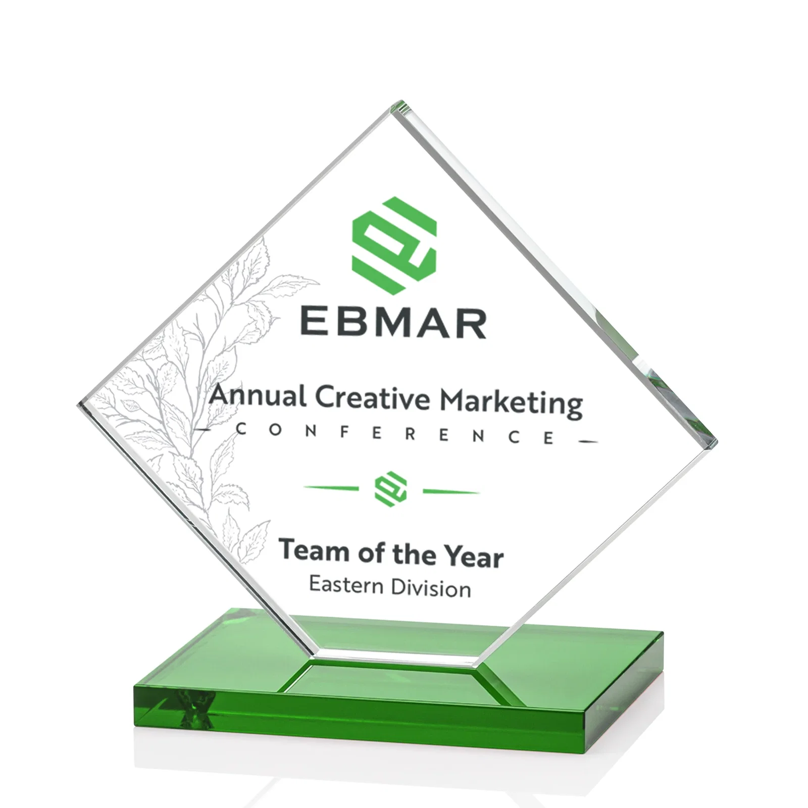 Customized Starfire Crystal Diamond Award on an Ivory Flat-Edge Base for dealer and partner awards