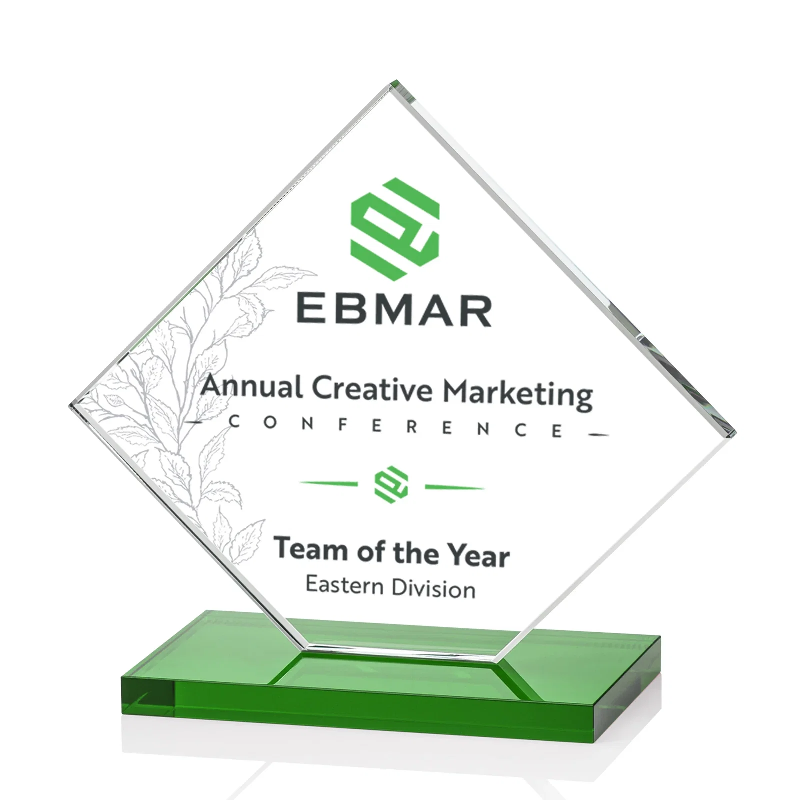 Customized Starfire Crystal Diamond Award on an Ivory Flat-Edge Base for company anniversary events