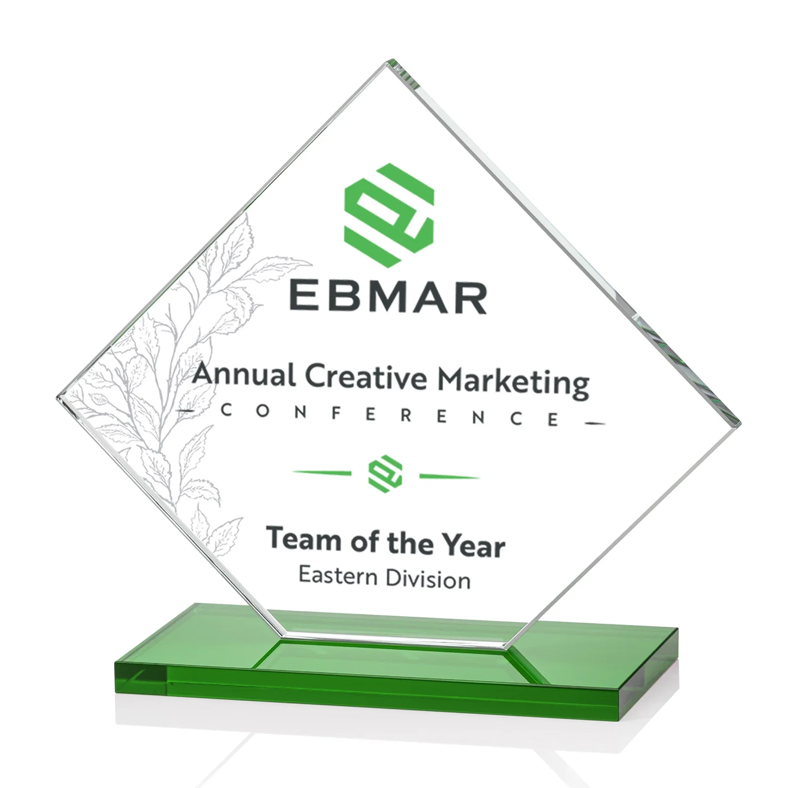 Custom engraved Starfire Crystal Diamond Award on an Ivory Flat-Edge Base for employee recognition