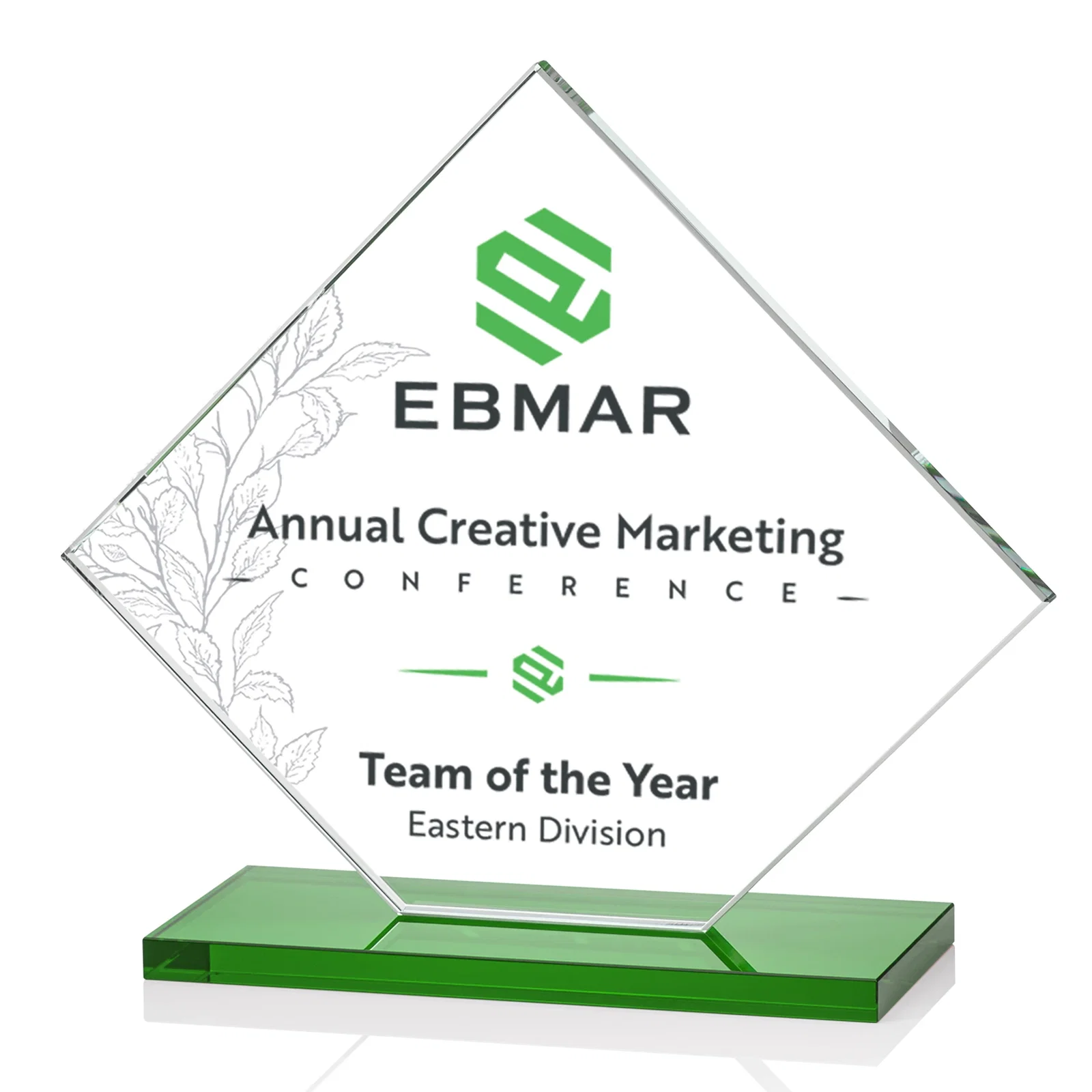 Custom engraved Starfire Crystal Diamond Award on an Ivory Flat-Edge Base for corporate award ceremonies