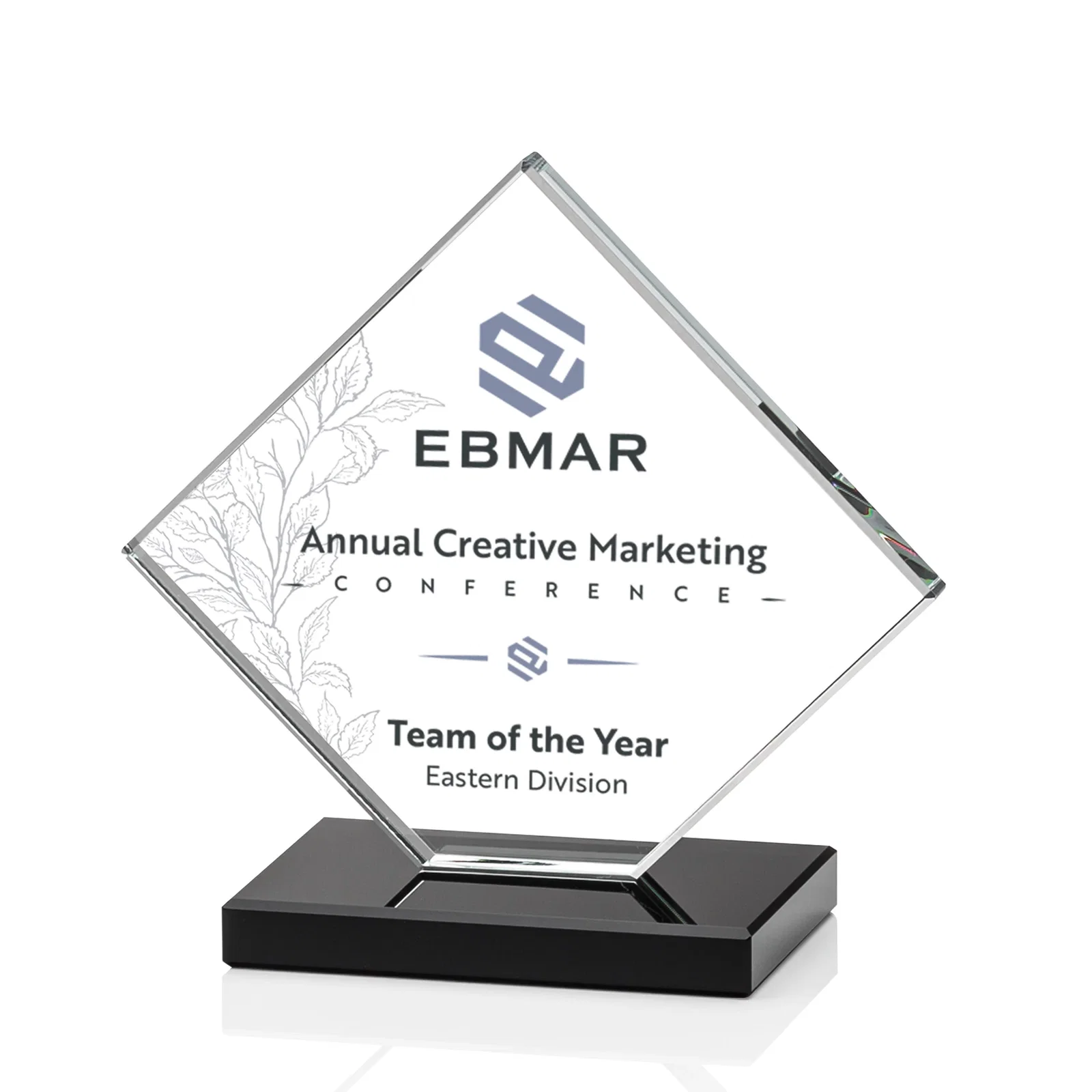 Custom engraved Starfire Crystal Diamond Award on an Ivory Flat-Edge Base for sales achievement awards