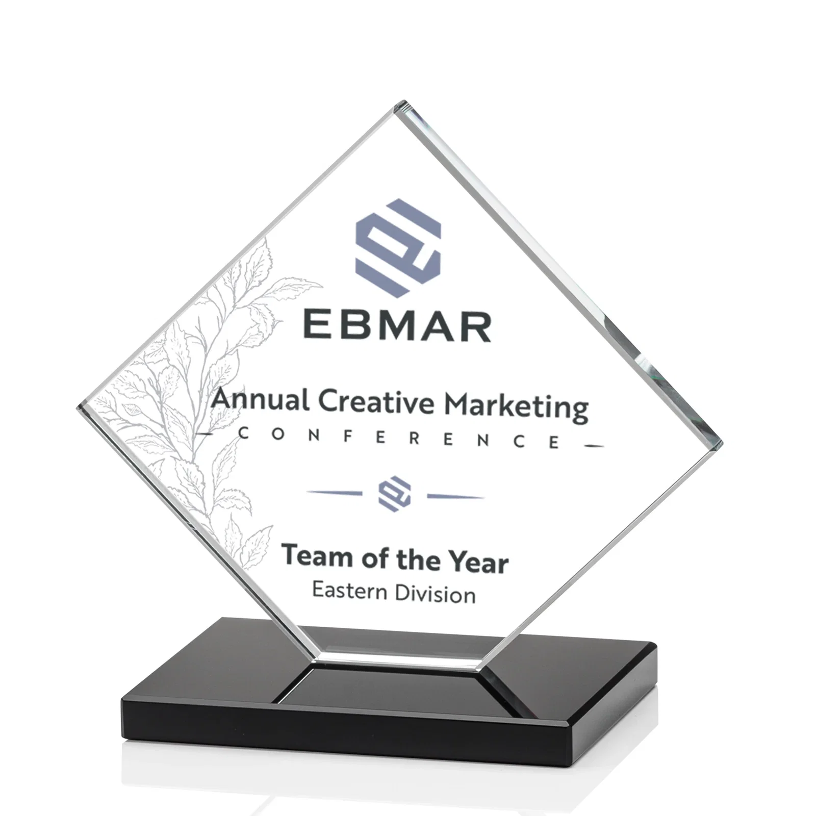 Custom engraved Starfire Crystal Diamond Award on an Ivory Flat-Edge Base for retirement presentations