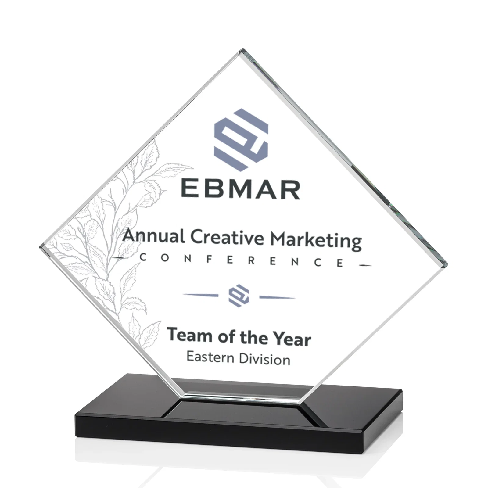 Custom engraved Starfire Crystal Diamond Award on an Ivory Flat-Edge Base for team milestone celebrations