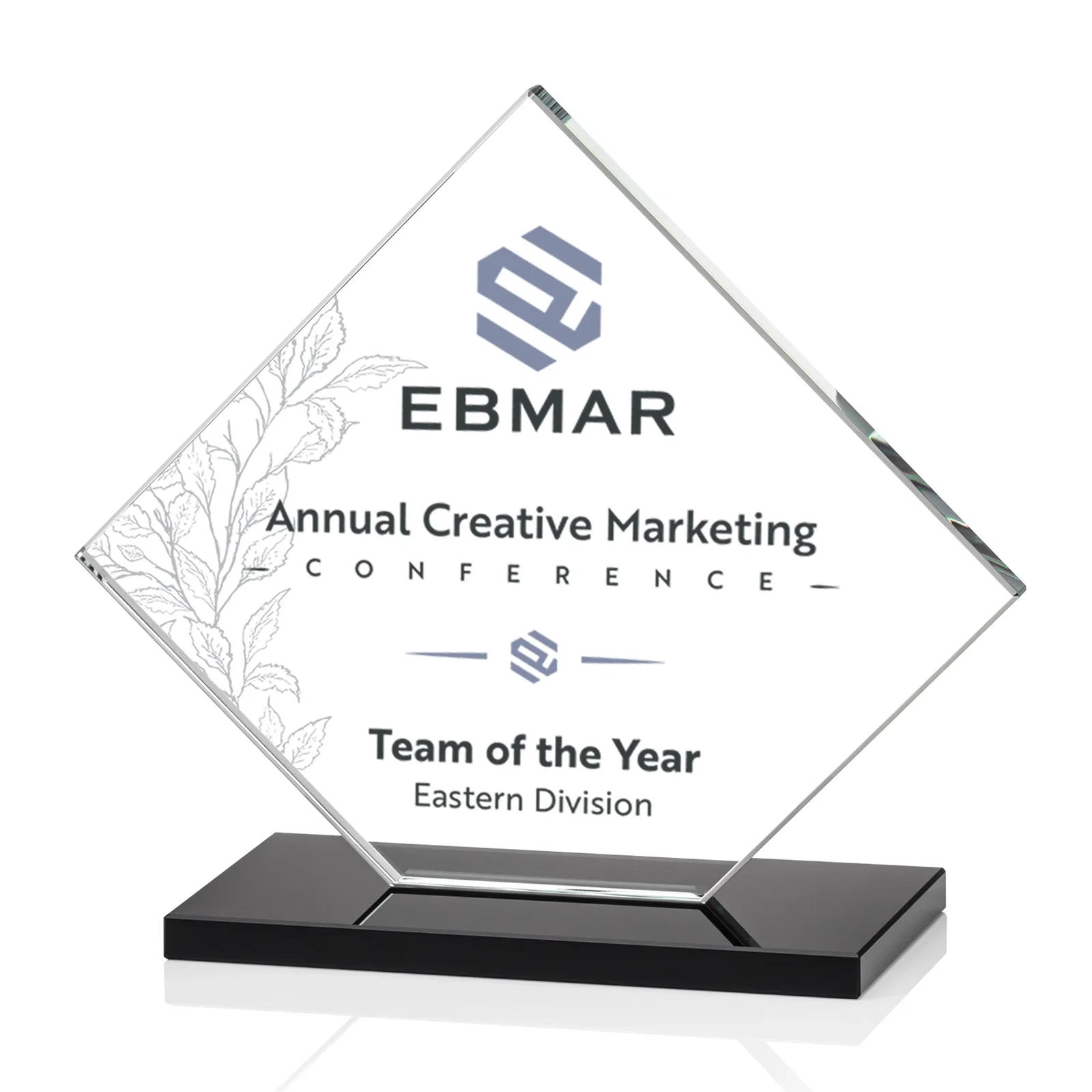 Custom engraved Starfire Crystal Diamond Award on an Ivory Flat-Edge Base for donor appreciation