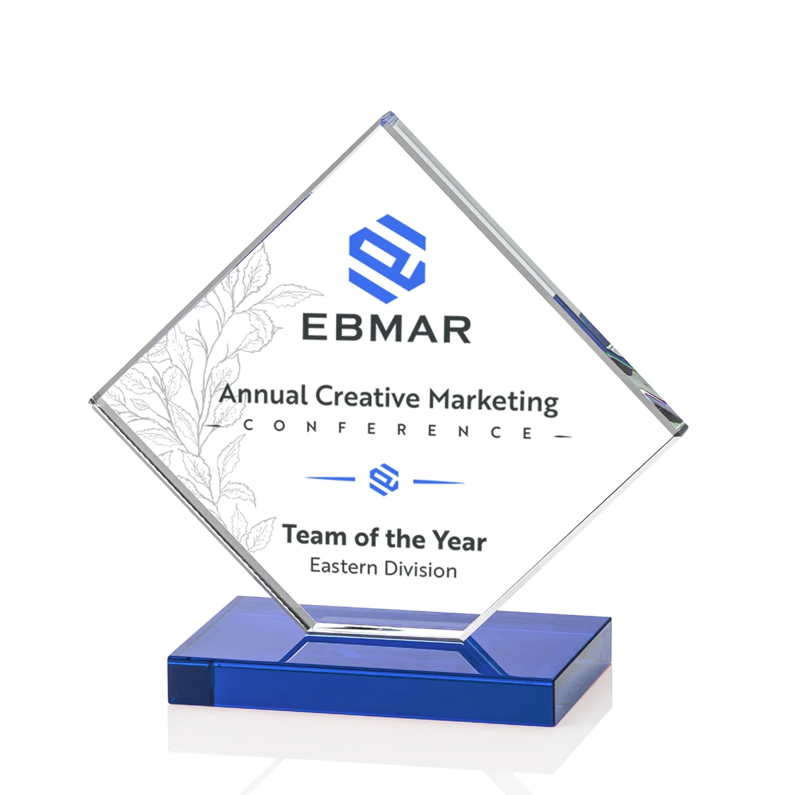 Custom engraved Starfire Crystal Diamond Award on an Ivory Flat-Edge Base for volunteer appreciation