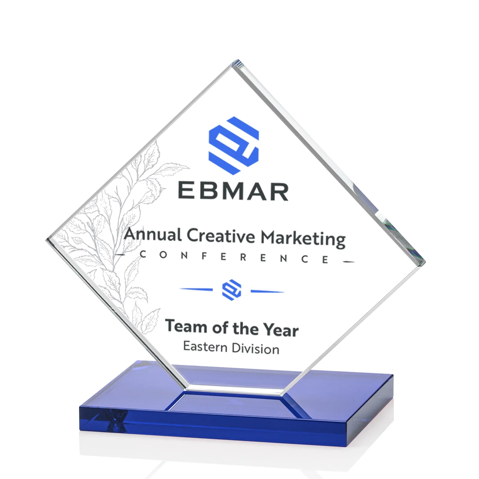 Custom engraved Starfire Crystal Diamond Award on an Ivory Flat-Edge Base for dealer and partner awards