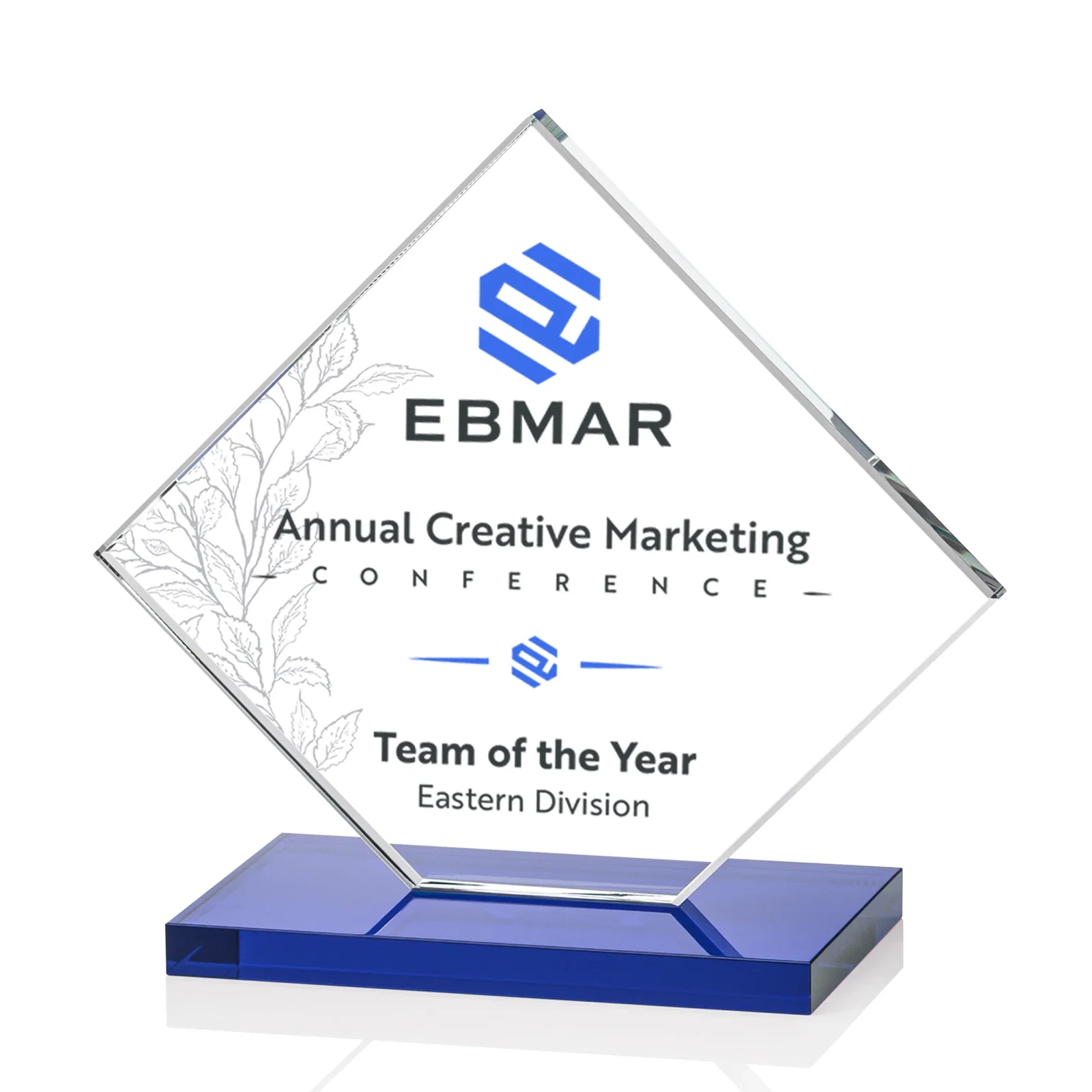 Custom engraved Starfire Crystal Diamond Award on an Ivory Flat-Edge Base for company anniversary events