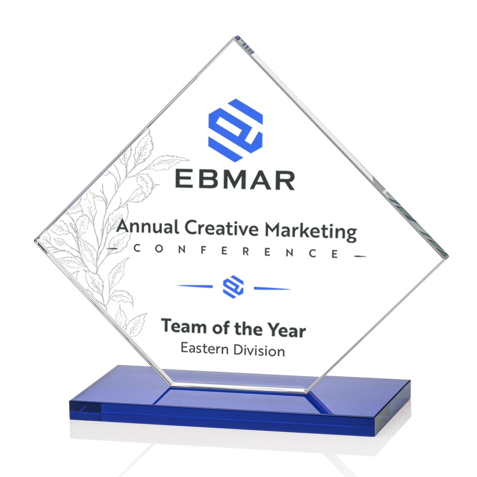 Custom Starfire Crystal Diamond Award on an Ivory Flat-Edge Base, with your logo for employee recognition