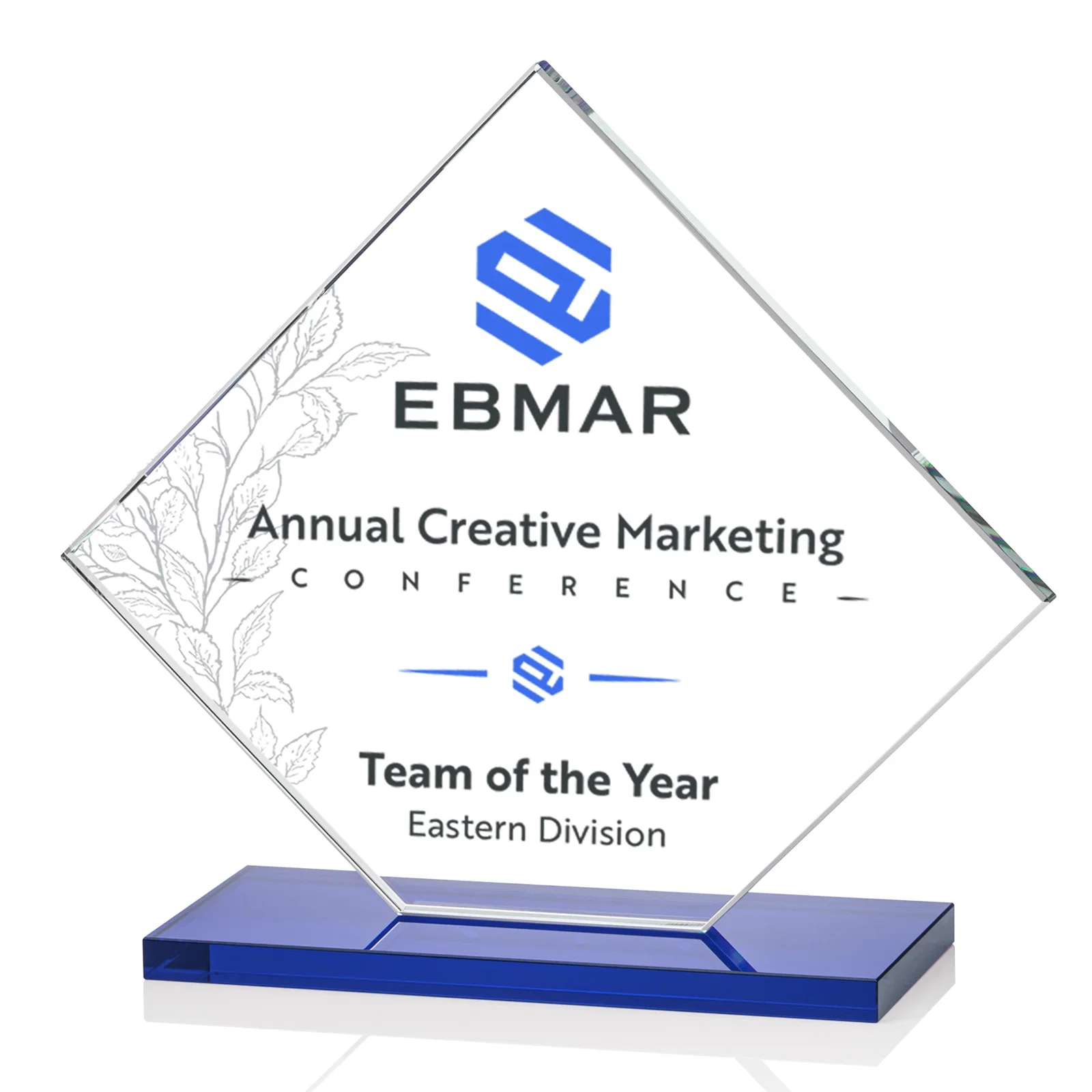 Custom Starfire Crystal Diamond Award on an Ivory Flat-Edge Base, with your logo for corporate award ceremonies