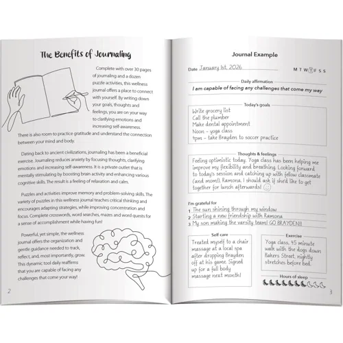 Wellness Journal open to guided journaling spread for writing thoughts, feelings and goals