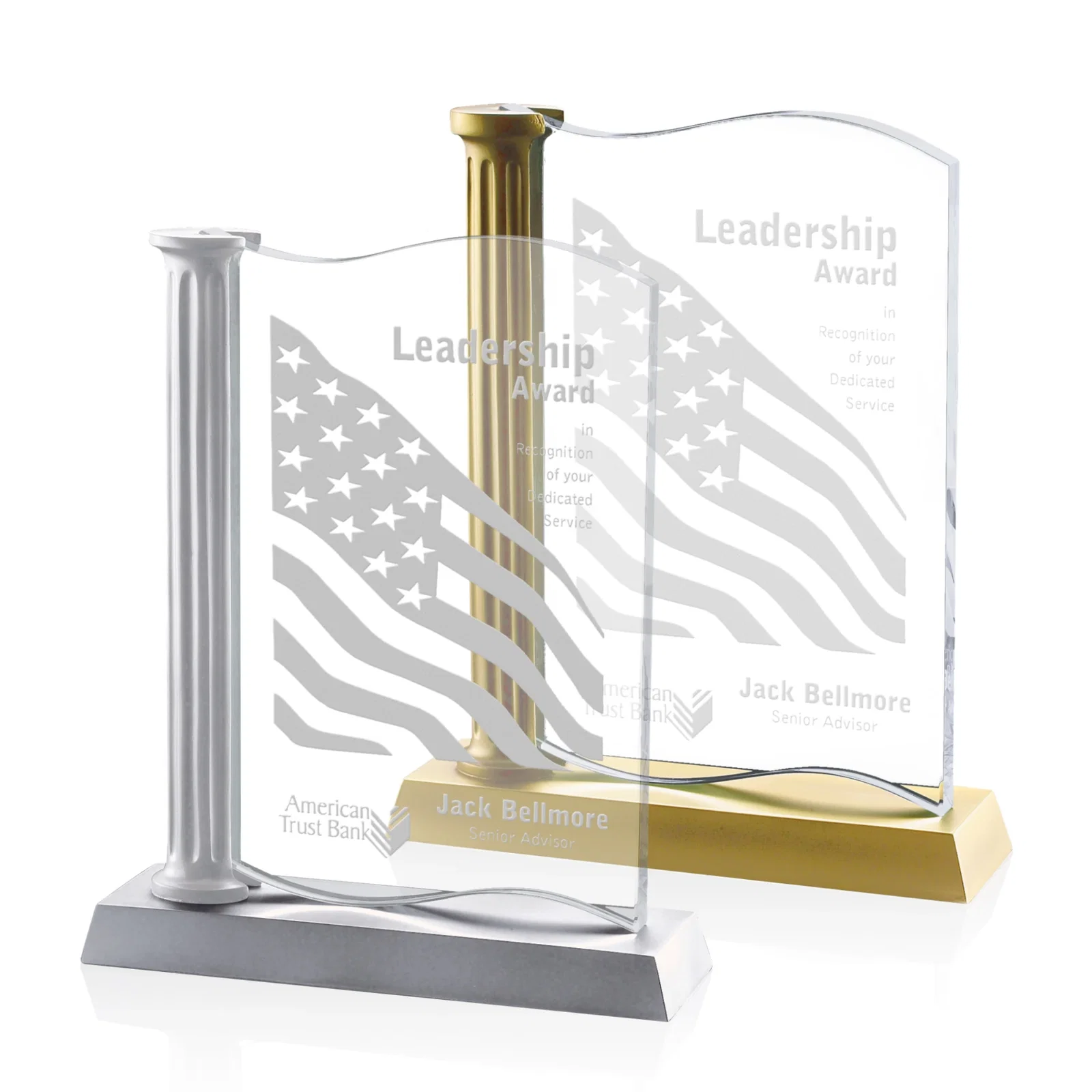 Custom Cast Resin Column Award with Glass Engraving Panel, awards for employee recognition