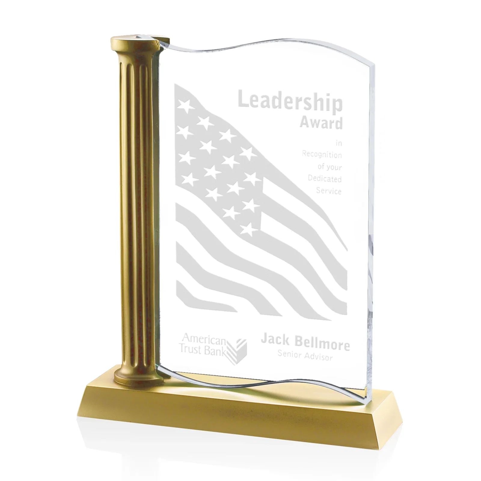 Custom Cast Resin Column Award with Glass Engraving Panel, awards for corporate award ceremonies