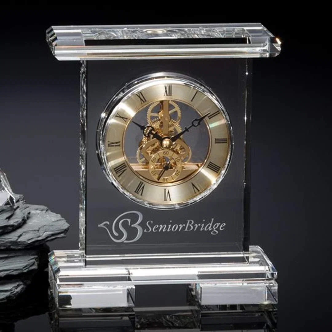 Custom Optical Crystal Mantle Clock With Exposed Skeleton Movement for employee recognition