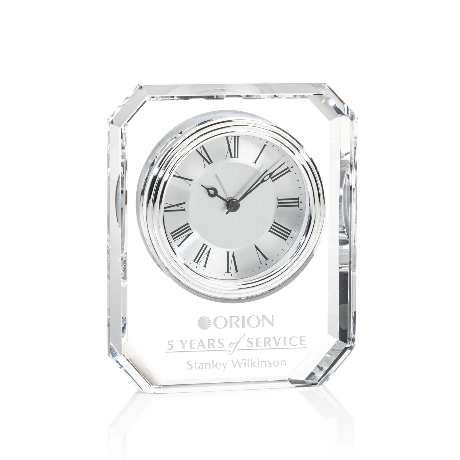 Custom Freestanding Optical Crystal Octagon Clock With Beveled Border for employee recognition