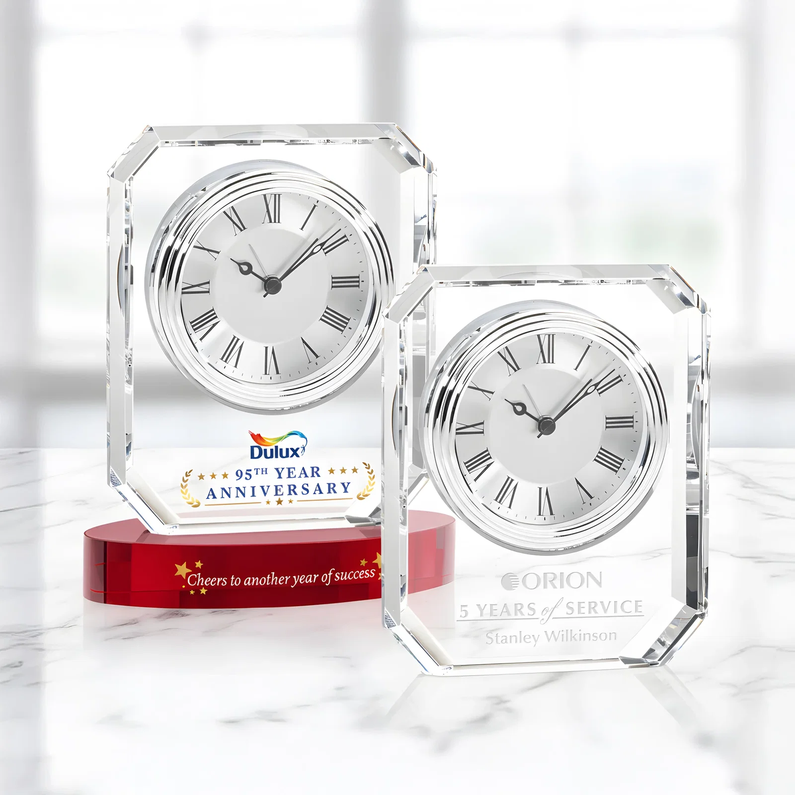 Custom Freestanding Optical Crystal Octagon Clock With Beveled Border for service anniversary gifts
