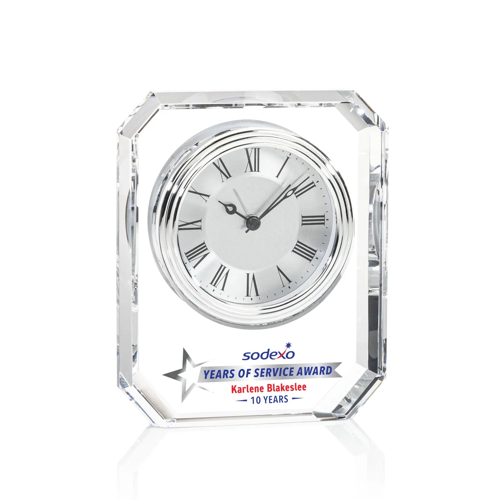 Custom Freestanding Optical Crystal Octagon Clock With Beveled Border for sales achievement awards