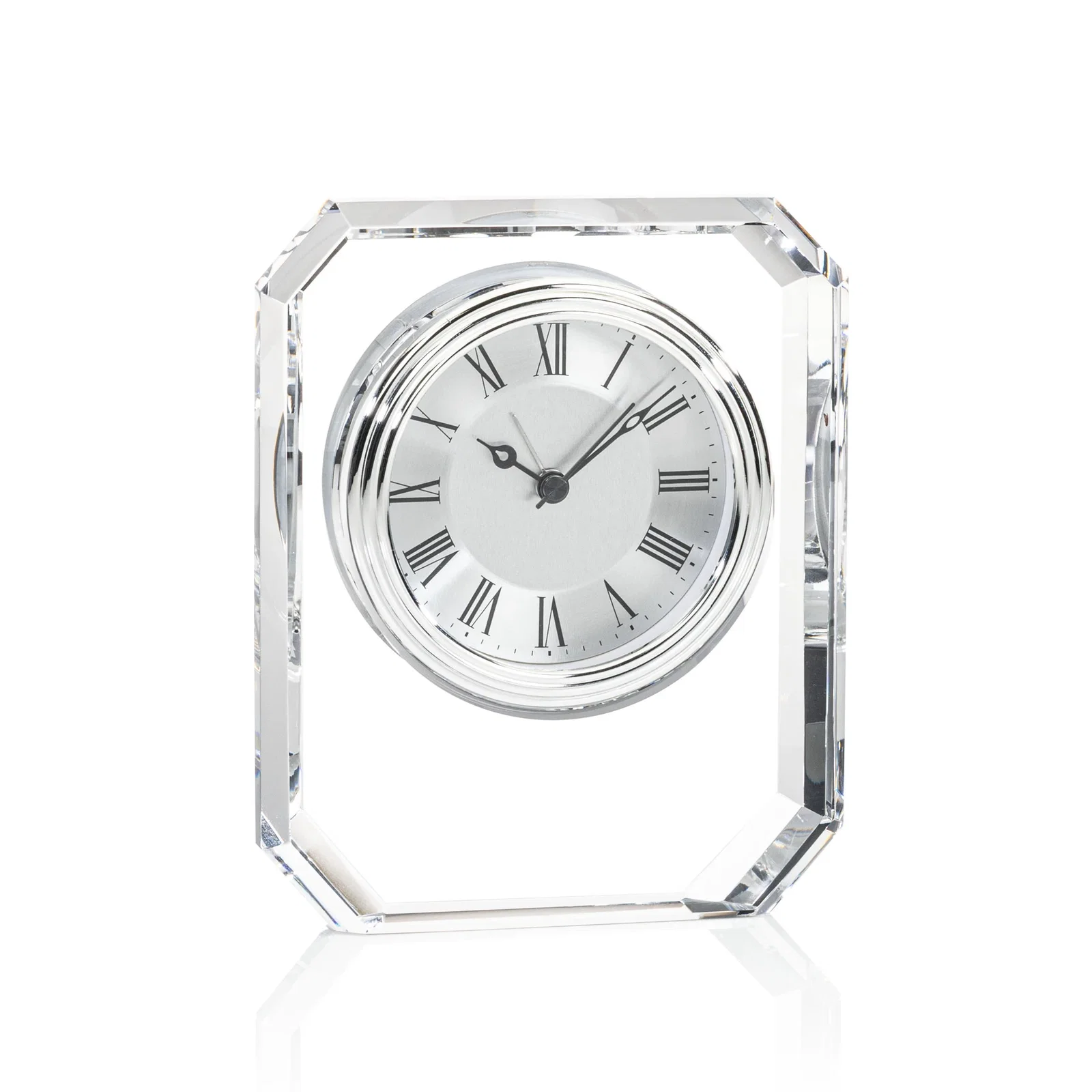 Custom Freestanding Optical Crystal Octagon Clock With Beveled Border for retirement presentations
