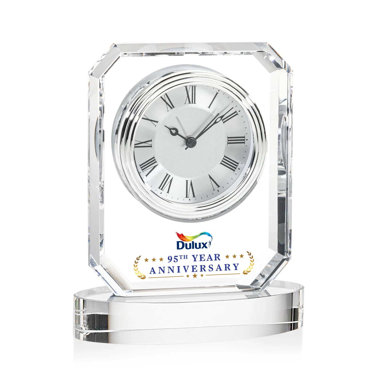 Custom Full-Color Optical Crystal Octagon Clock on Oval Base for employee recognition