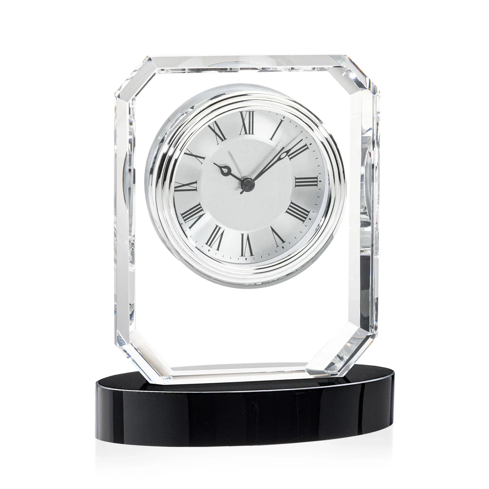 Custom Full-Color Optical Crystal Octagon Clock on Oval Base for dealer and partner awards
