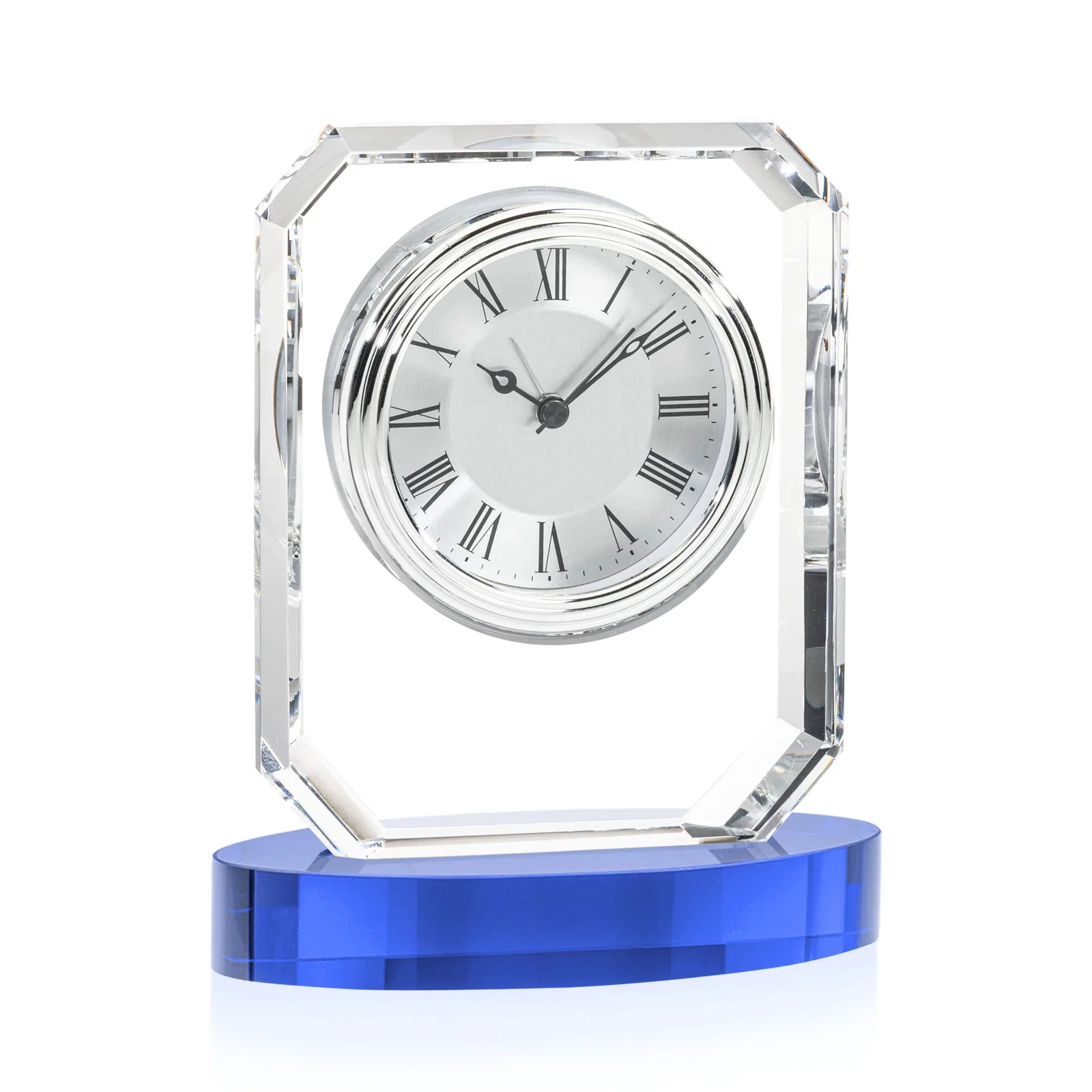 Personalized Full-Color Optical Crystal Octagon Clock on Oval Base for corporate award ceremonies