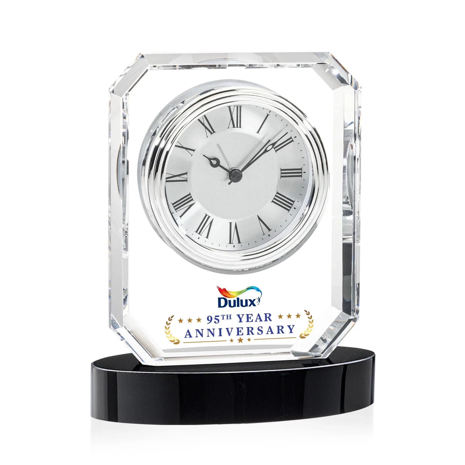 Custom Full-Color Optical Crystal Octagon Clock on Oval Base for corporate award ceremonies