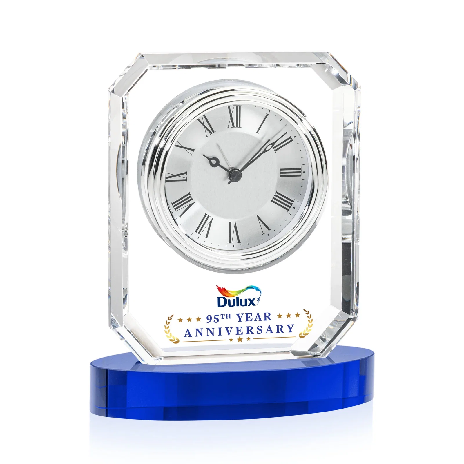 Custom Full-Color Optical Crystal Octagon Clock on Oval Base for service anniversary gifts