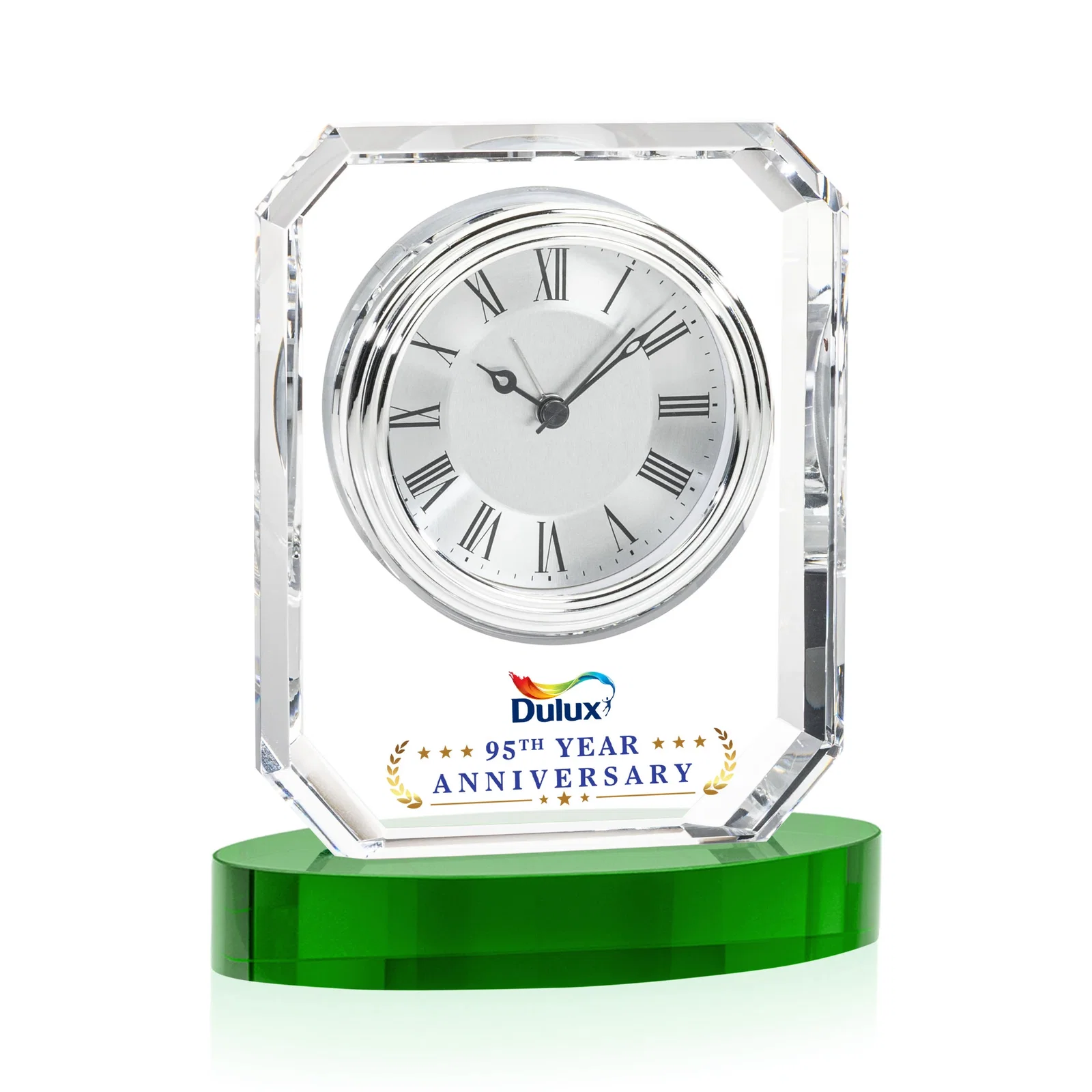 Custom Full-Color Optical Crystal Octagon Clock on Oval Base for sales achievement awards