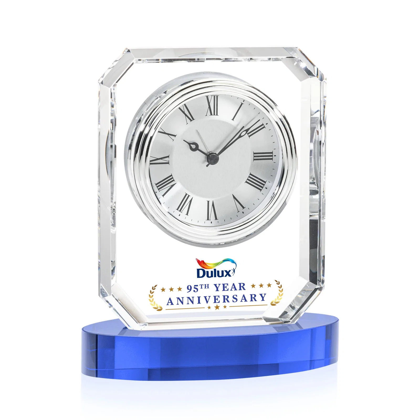 Custom Full-Color Optical Crystal Octagon Clock on Oval Base for retirement presentations