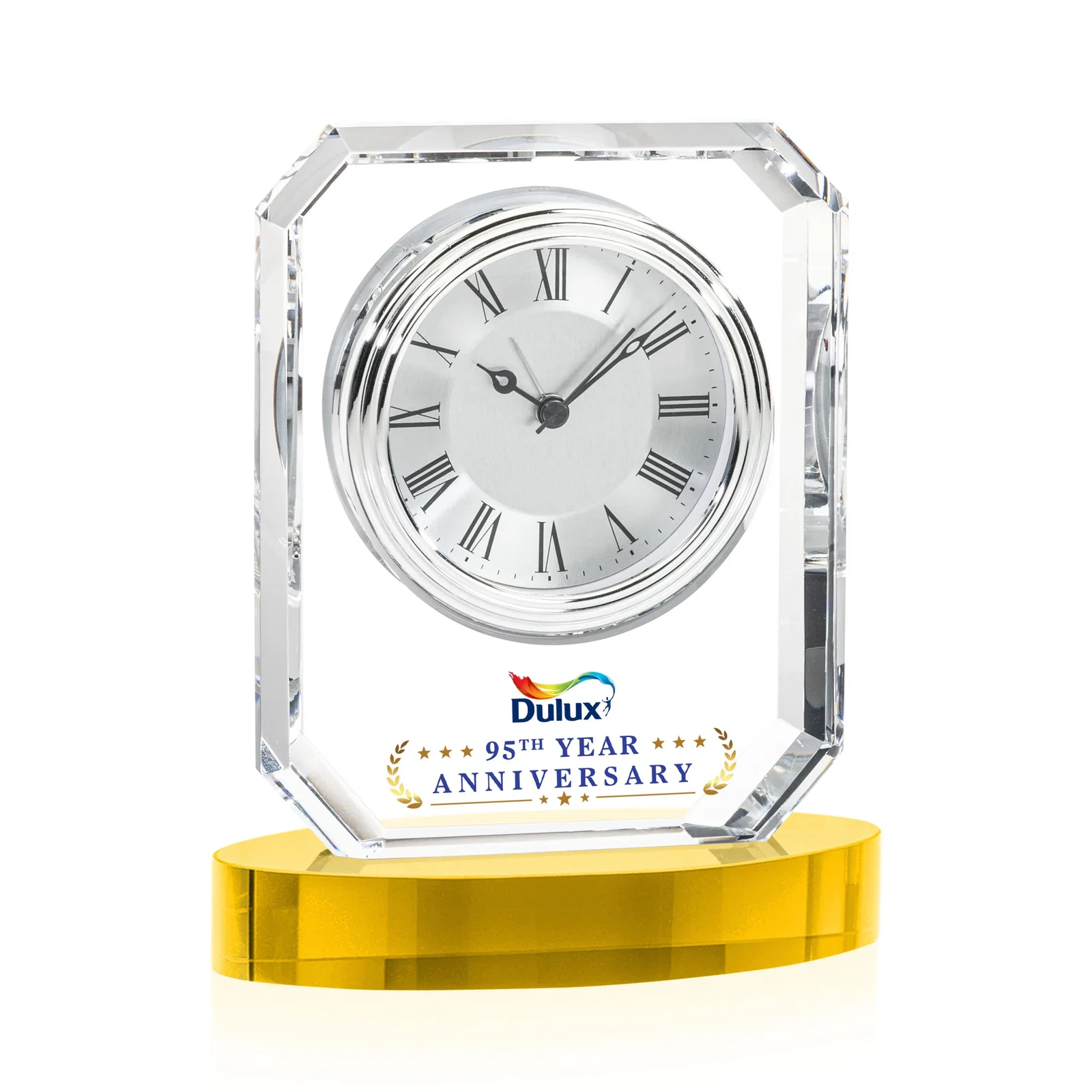 Custom Full-Color Optical Crystal Octagon Clock on Oval Base for team milestone celebrations