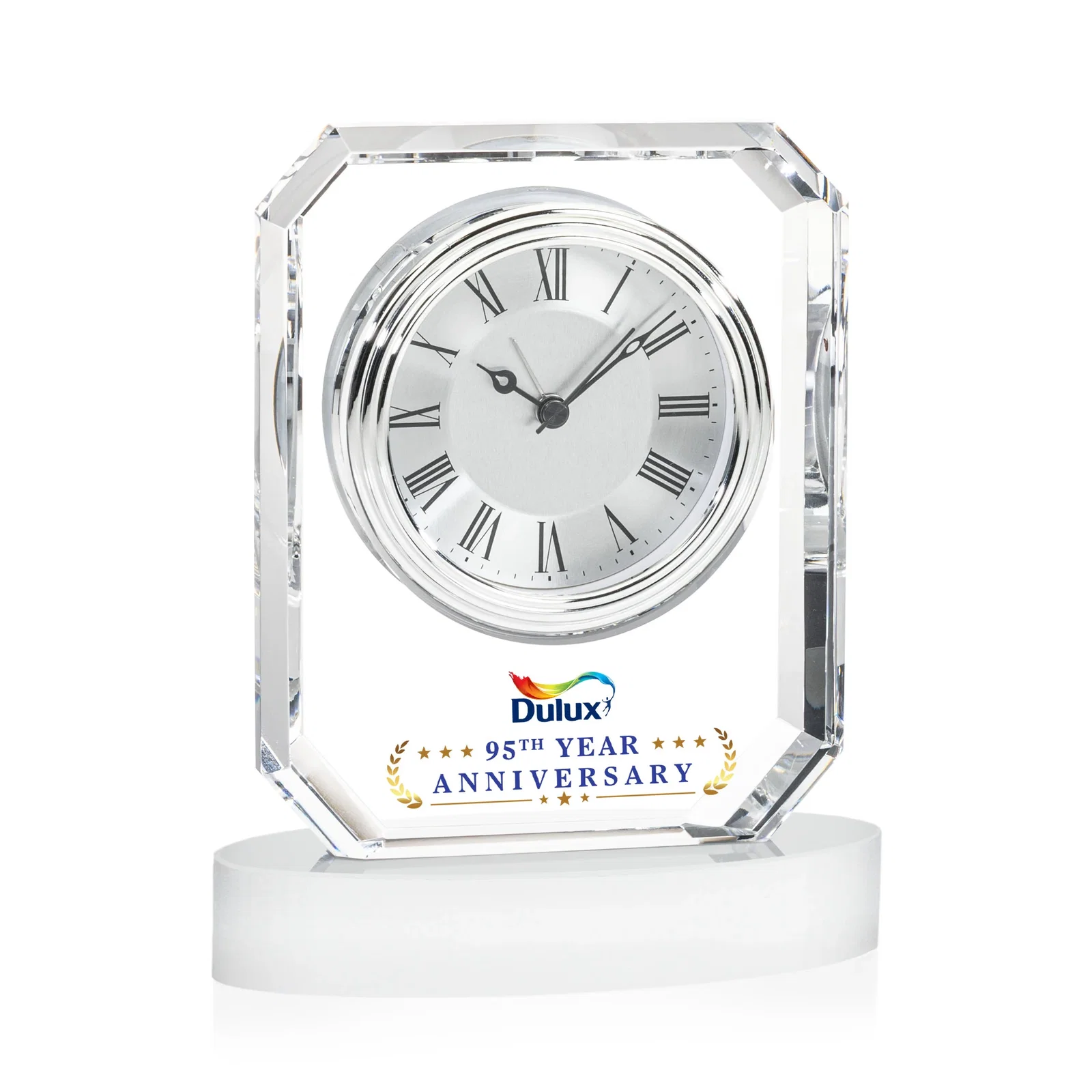 Custom Full-Color Optical Crystal Octagon Clock on Oval Base for donor appreciation