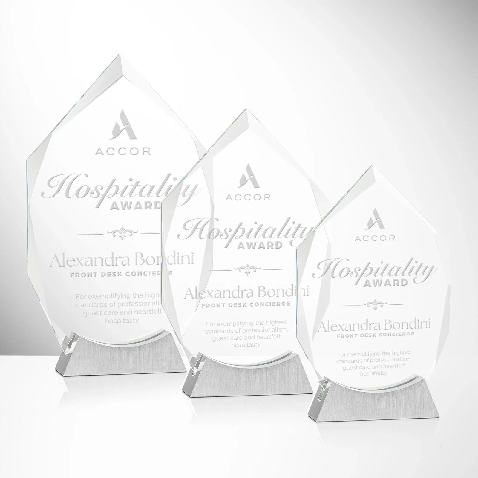 Custom Starfire Crystal Award With Beveled Edges on a Brushed Aluminum Foot, metal awards for employee recognition